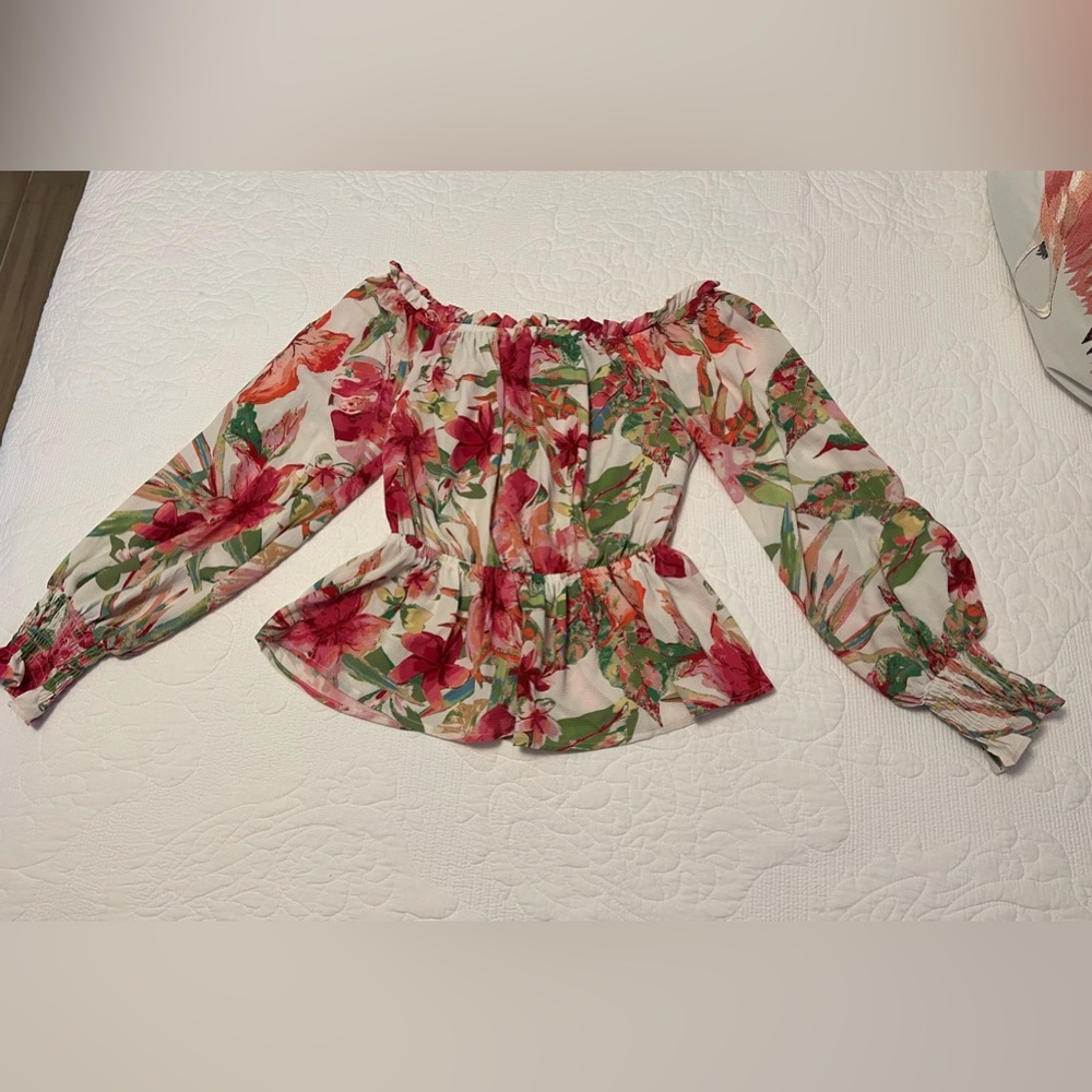 Flying Tomato Hot Pink/white/green floral off shoulder top